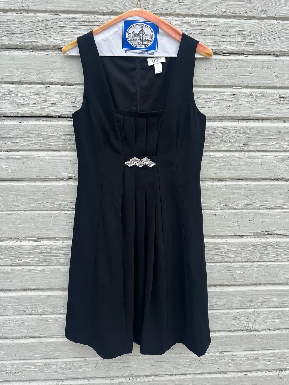 LOFT Black Sleeveless Mini Dress with Silver Geometric Accent
